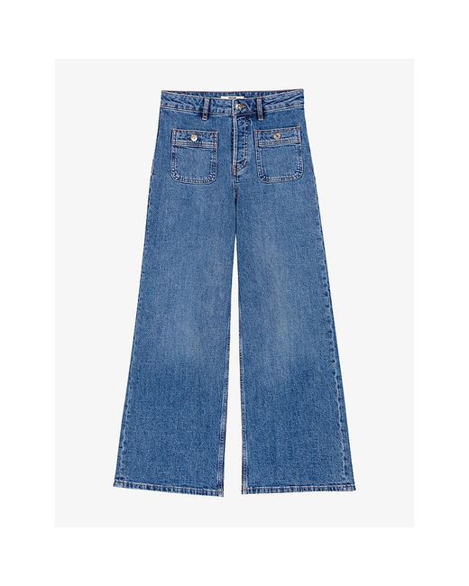 Maje Blue Wide-Leg Patch-Pocket Stretch-Denim Jeans