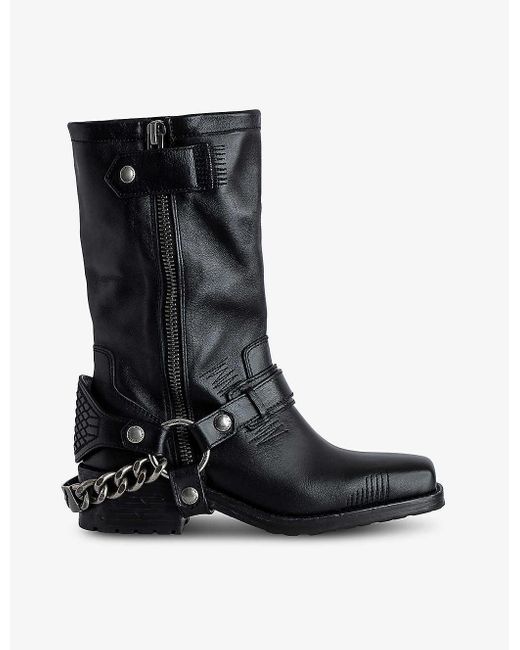 Zadig & Voltaire Black Igata Metal-chain Leather Ankle Boots