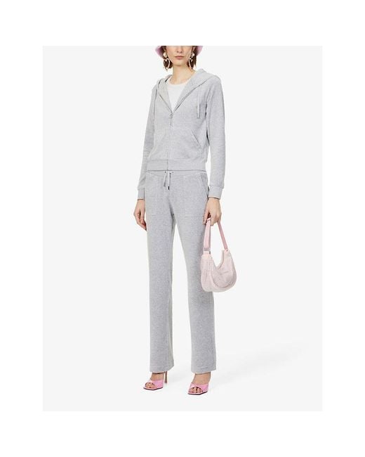 Juicy Couture Gray Logo-Embroidered Straight-Leg High-Rise Velour Trousers