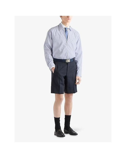 Prada Blue Stripe-Print Zipper Cotton Shirt for men
