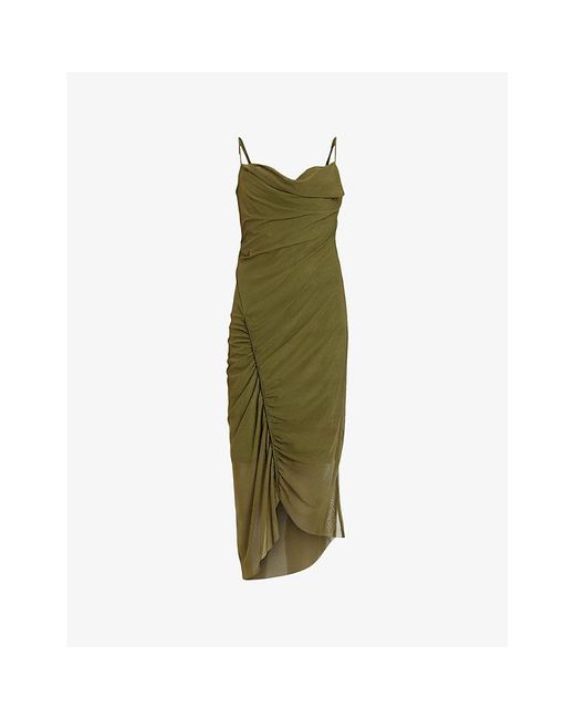 AllSaints Green Ulla Square-neck Draped Stretch Recycled-polyester Midi Dress