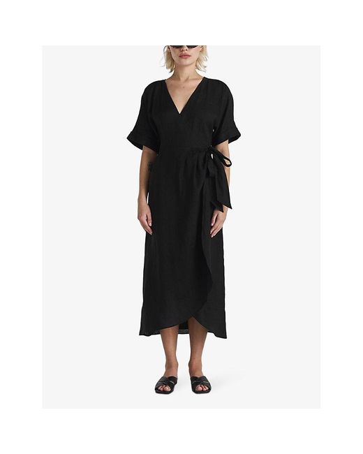 Twist & Tango Black Mya Wrap-front Short-sleeve Linen Midi Dress