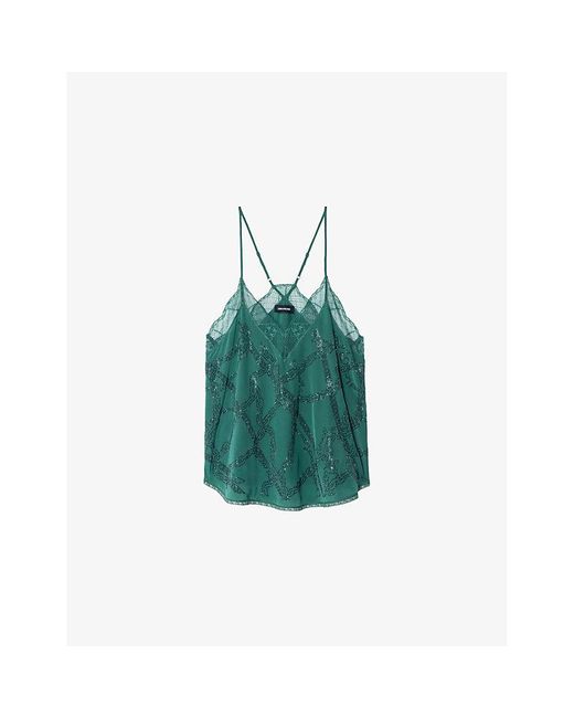 Zadig & Voltaire Green Christy Rhinestone-Embellished Silk Crepe-De-Chine Cami Top