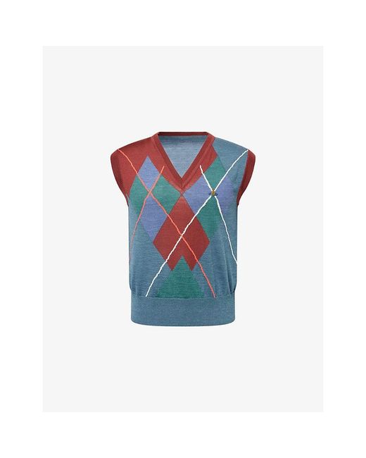 Vivienne Westwood Blue Argyle Logo-Embroidered Wool-Blend Vest for men