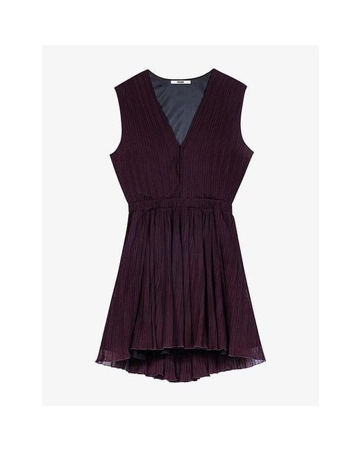 Maje Purple Pleated V-Neck Woven Mini Dress