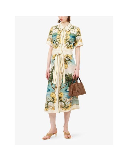 Farm Rio Metallic Royal Sea Linen-Blend Midi Dress