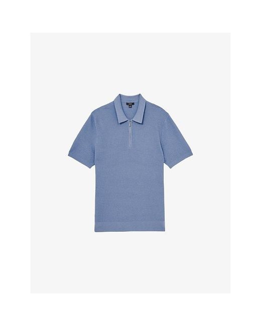 Reiss Blue Regis Half-Zip Short-Sleeve Stretch-Woven Polo for men