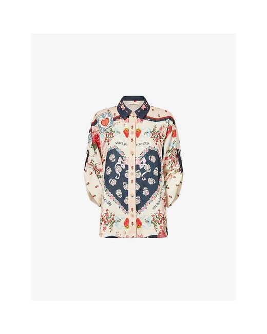 Agua Bendita Blue Chrissy Cherish Mix-Print Cotton Shirt