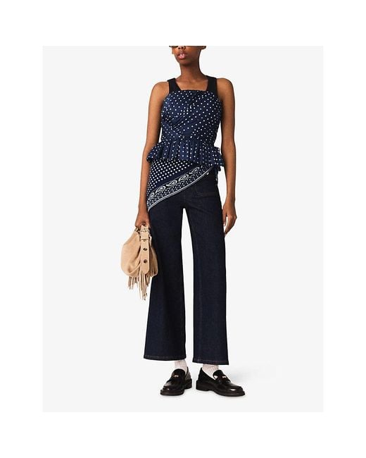 Maje Blue Polka-Dot Sleeveless Woven Top