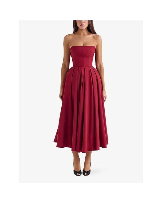 House Of Cb Red Pandora Bow-Back Strapless Woven Midi Dress