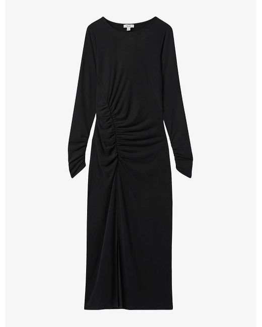 Reiss Black Lana Ruched-detail Long-sleeve Jersey Midi Dress