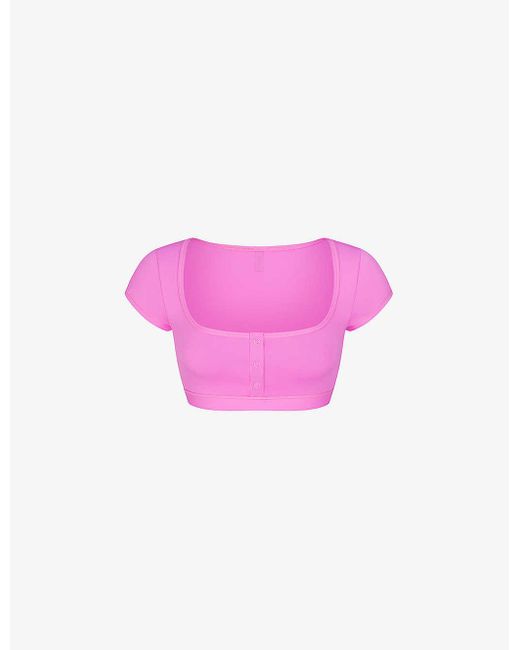 Skims Pink Signature Swim Round-neck Cropped Stretch Recycled-nylon Bikini Top