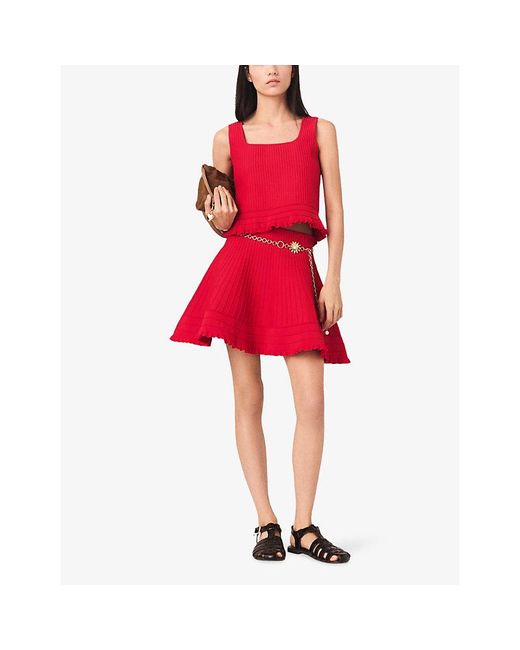 Maje Red Ruffled Square-Neck Stretch-Knit Top