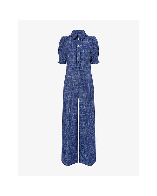 ME+EM Blue Tweed Fringed-Trims Woven Jumpsuit