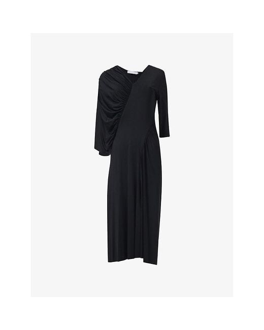 eem Black Asymmetric Gathered Panel Woven Midi Dress