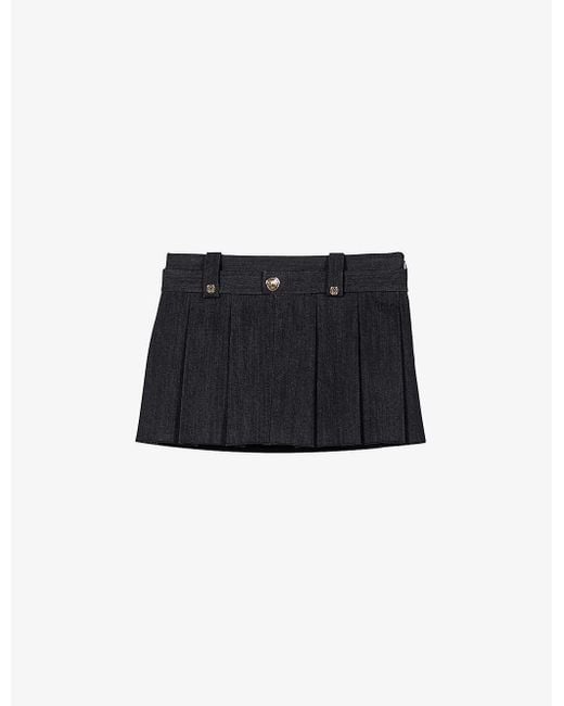Maje Black Patch-pocket Mid-rise Pleated Stretch-denim Mini Skirt