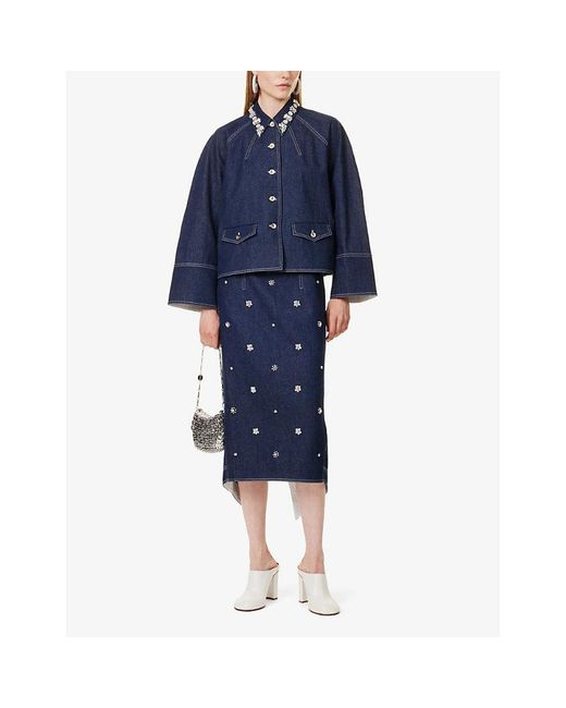 Huishan Zhang Blue Sonia Crystal-embellished Denim Midi Skirt