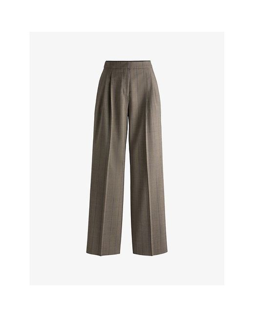 HUGO Gray Wide-Leg High-Rise Checked Stretch Wool-Blend Trousers