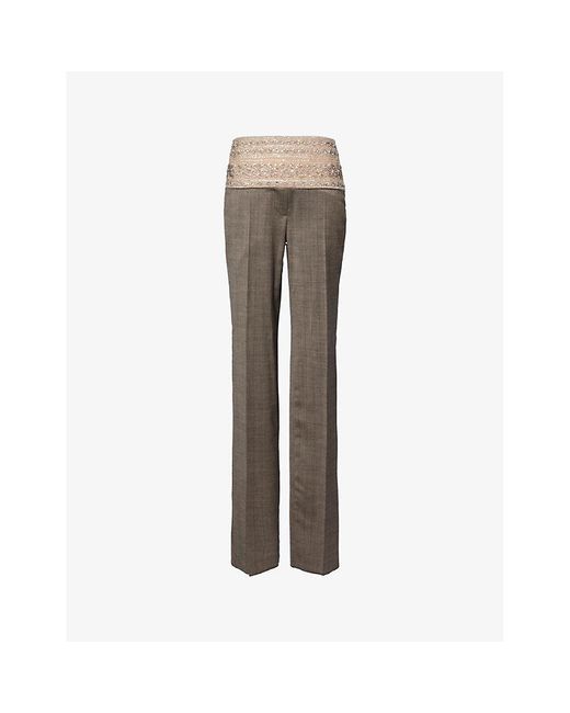 Stella McCartney Brown Crystal Belt Bead-embellished Mid-rise Straight-leg Stretch-wool Trousers