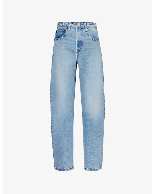 FRAME Blue Brand-patch Contrast-stitch Barrel-leg Mid-rise Recycled Denim-blend Jeans