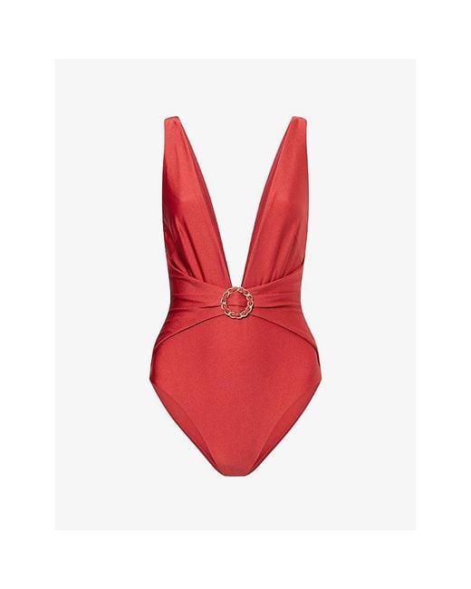 Zimmermann Red Roselight Plunge Chain Swimsuit