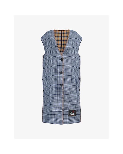 Marni Blue Single-breasted Checked Relaxed-fit Wool-blend Waistcoat