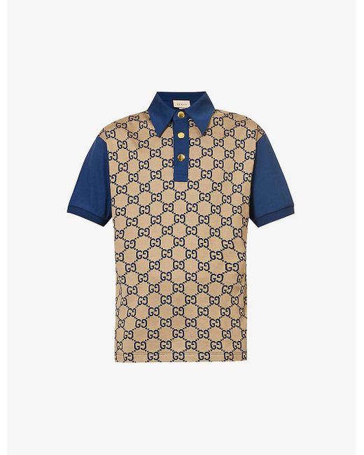 Gucci Blue Monogram Contrast-trim Silk And Cotton-blend Polo Shirt for men