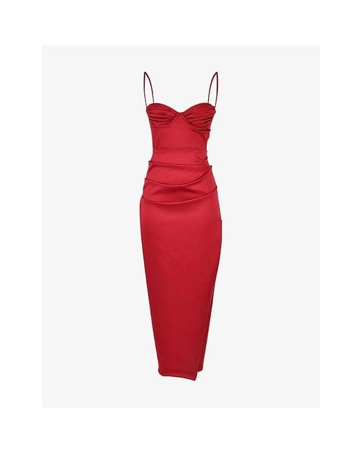 House Of Cb Red Flora Fuller-bust Satin Crepe Maxi Dress