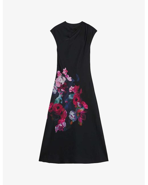 Ted Baker Black Rahelee Floral-print Satin Midaxi Dress