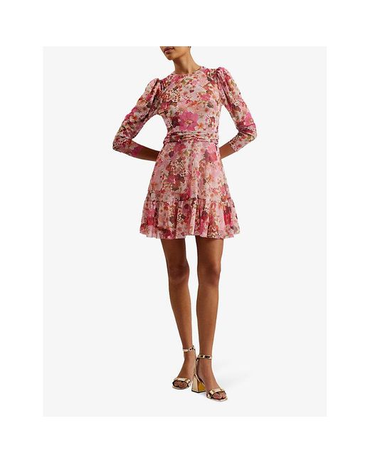 Ted Baker Red Mildrd Floral-print Long-sleeve Stretch-mesh Mini Dress