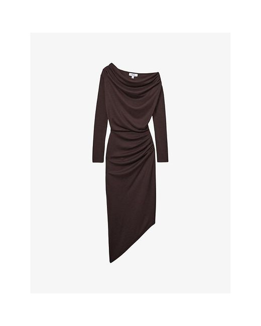 Reiss Brown Fleur Off-Shoulder Ruched Jersey Midi Dress