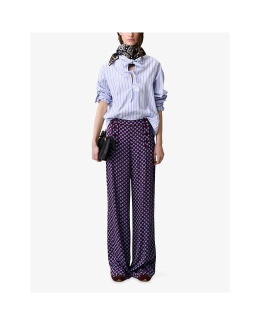 Claudie Pierlot Purple Abstract-Print Straight-Leg Satin Trousers