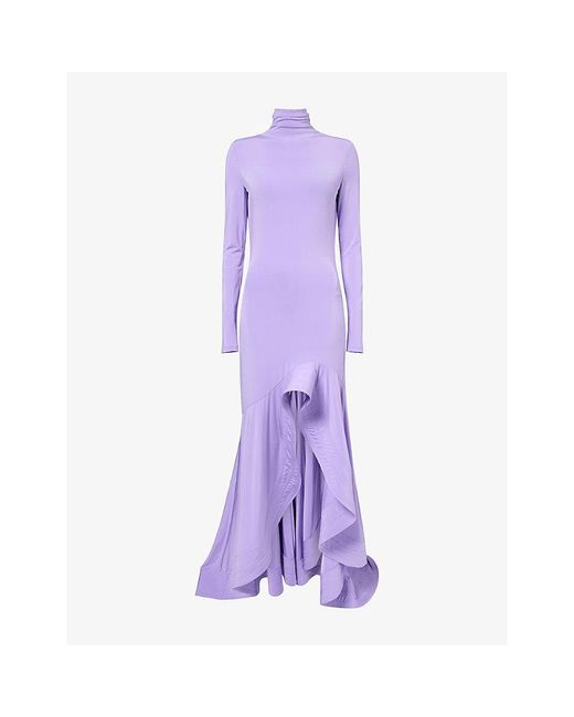 Stella McCartney Purple Frill Long-Sleeve Crepe-Jersey Cocktail Maxi Dress