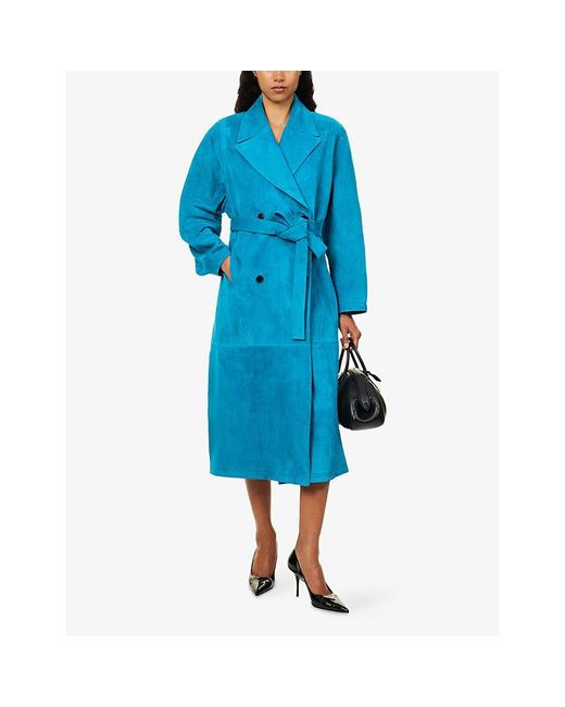 Alaïa Blue Double-Breasted Suede Leather Trench Coat
