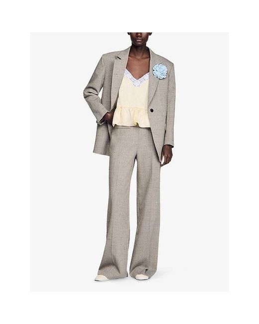 Sandro Gray Wide-Leg Check-Print Wool-Blend Trousers