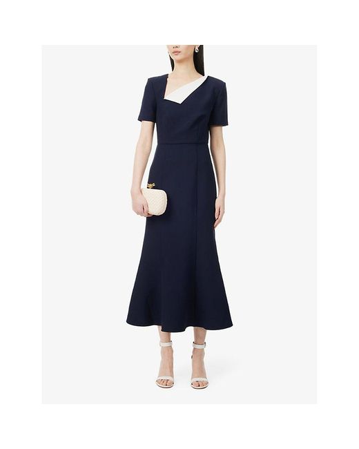 Roland Mouret Blue Short-sleeved Contrast-fold Stretch-woven Midi Dress