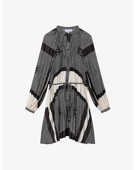 Reiss Gray Bay Geometric-print Pleated Woven Mini Dress