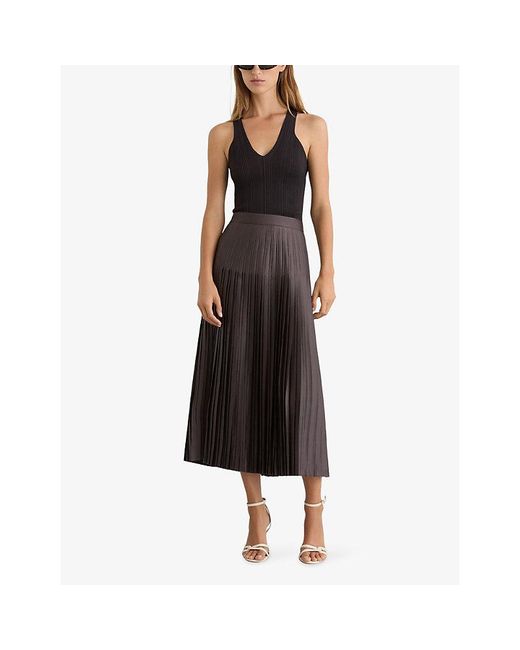 Reiss Brown Savannah Pleated Satin Midi Skirt