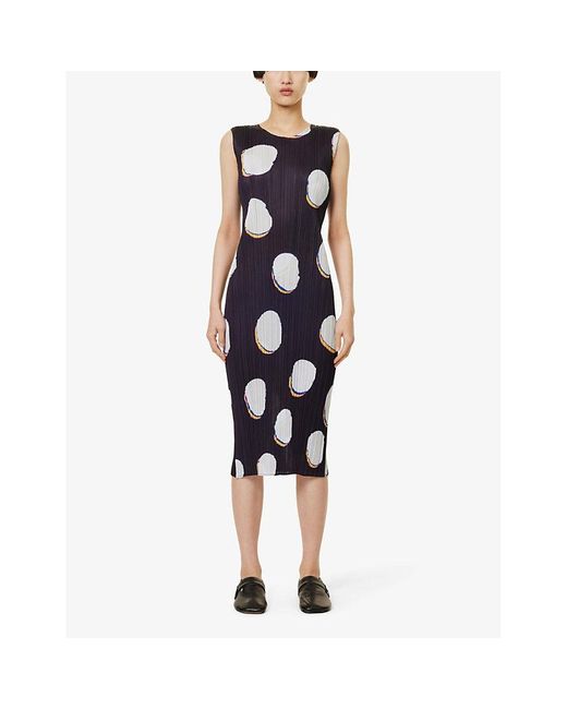 Pleats Please Issey Miyake Blue Abstract-pattern Round-neck Knitted Midi Dress