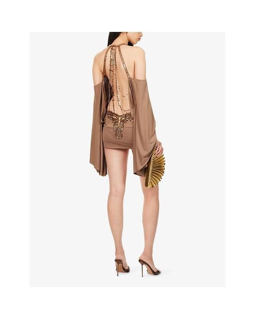 Jaded London Natural Alula Cut-Out Stretch-Mesh Mini Dress