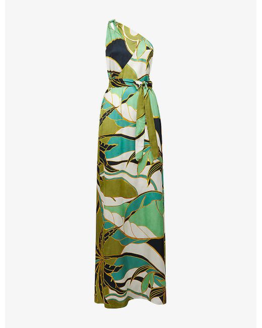 Reiss Green Tina Graphic-print One-shoulder Woven Maxi Dress