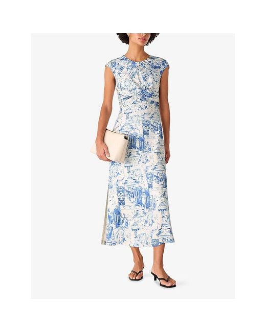 Whistles Blue Rome-Print Twist-Neck Woven Midi Dress