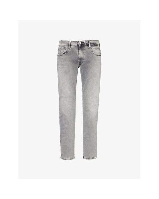 Replay Gray Anbass Hyperflex Whiskering Slim-Leg Regular-Fit Stretch-Denim Jeans for men