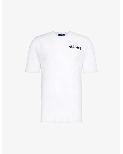 Versace White Logo-embroidered Crewneck Cotton-jersey T-shirt for men