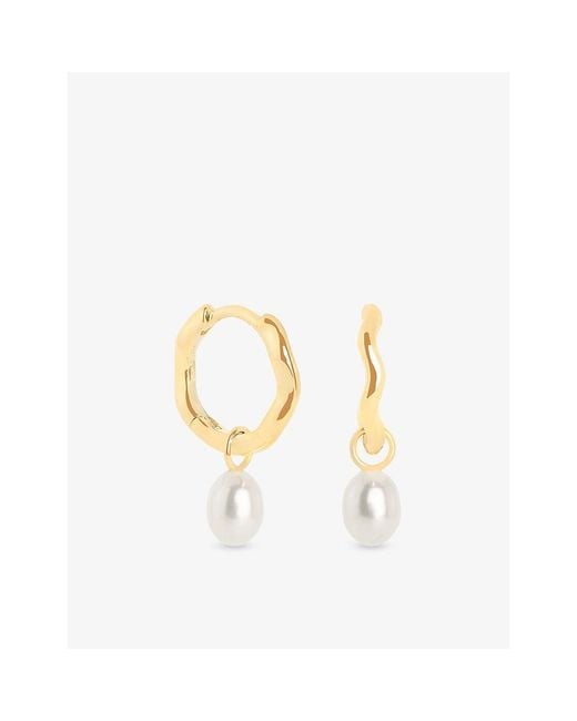 Astrid & Miyu Metallic Wave 14Ct And Cultured Pearl Charm Huggie Drop Earrings