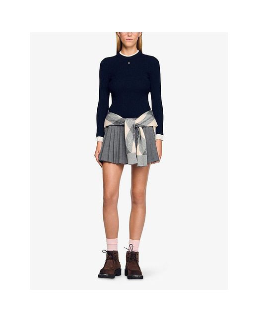 Sandro Blue Brand-Plaque Layered-Trim Knitted Jumper