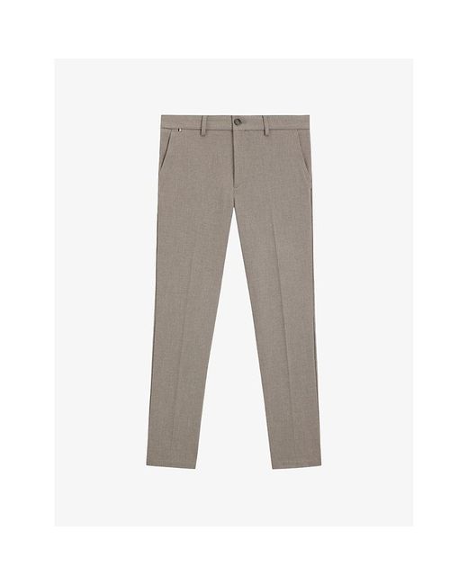 Boss Gray Herringbone Slim-Leg Stretch-Woven Trousers for men
