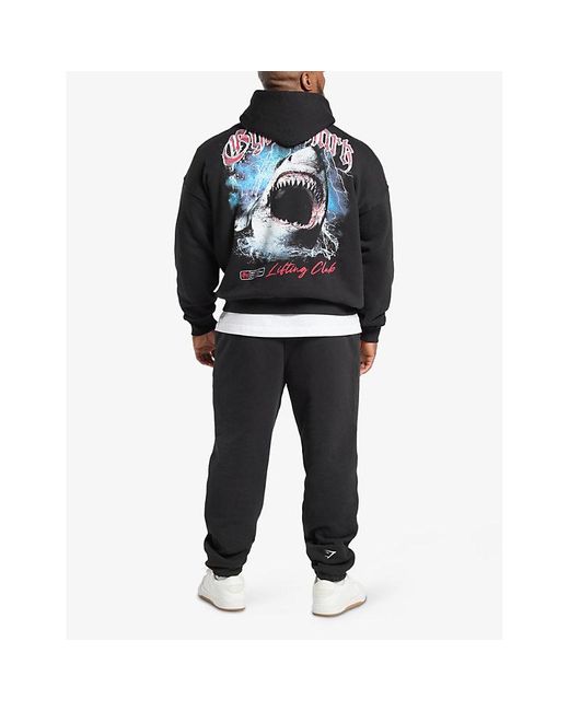 GYMSHARK Black Shark Attack Relaxed-Fit Cotton-Jersey Hoody for men