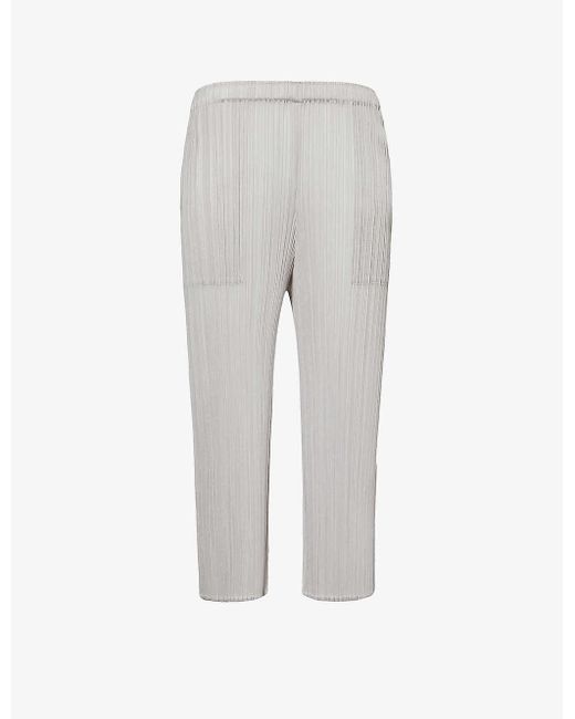 Pleats Please Issey Miyake Gray Pleated Straight-leg Mid-rise Knitted Trousers