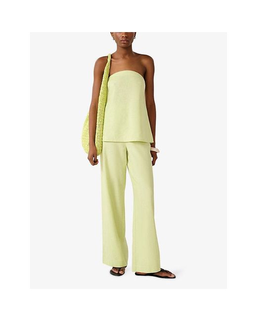 OMNES Green Palm Strapless Linen-Blend Top